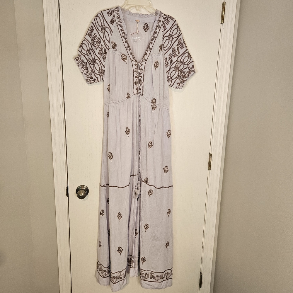 NWOT Free People Riley Embroidered Maxi Dress- Light lavender grey color